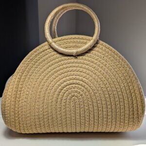 Natural Beige, Synthetic Woven Handbag, Basket Style with Sturdy Handle